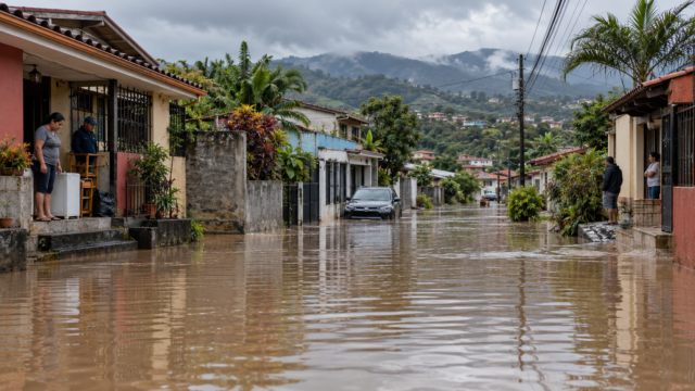 Viviendas afectadas por las inundaciones provocadas por el temporal en Heredia.