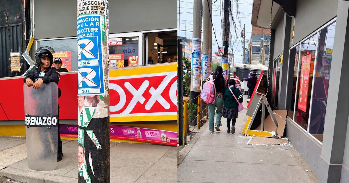 Adulto mayor y niño heridos por caída de letrero de Oxxo en San Juan de Lurigancho