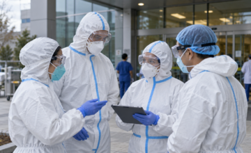 Personal médico con trajes de protección biológica en las inmediaciones del hospital.
