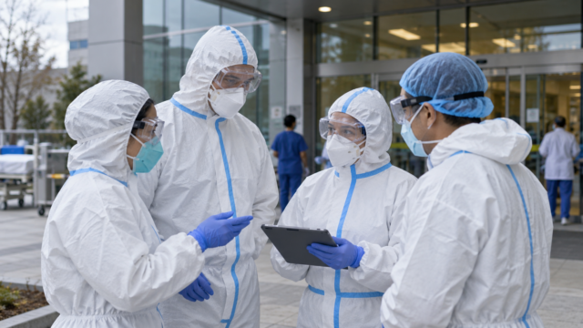 Personal médico con trajes de protección biológica en las inmediaciones del hospital.