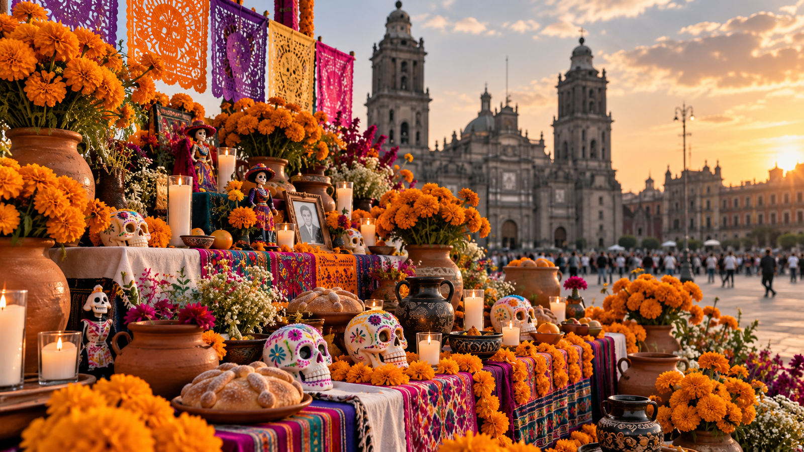 Ofrenda decorada con flores de cempasúchil y elementos tradicionales en el Zócalo capitalino.