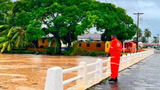 Carretera mojada con acumulación de agua y vegetación afectada por lluvias en Panamá.