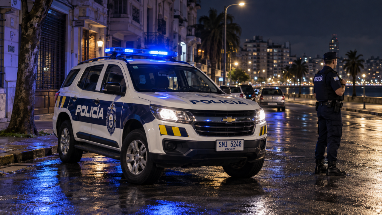 Vehículo policial con luces encendidas custodiando una calle de noche en Montevideo.