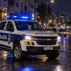 Patrulleros y efectivos de la Policía Nacional desplegados en una zona urbana en el marco de allanamientos simultáneos.