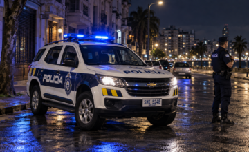 Patrulleros y efectivos de la Policía Nacional desplegados en una zona urbana en el marco de allanamientos simultáneos.