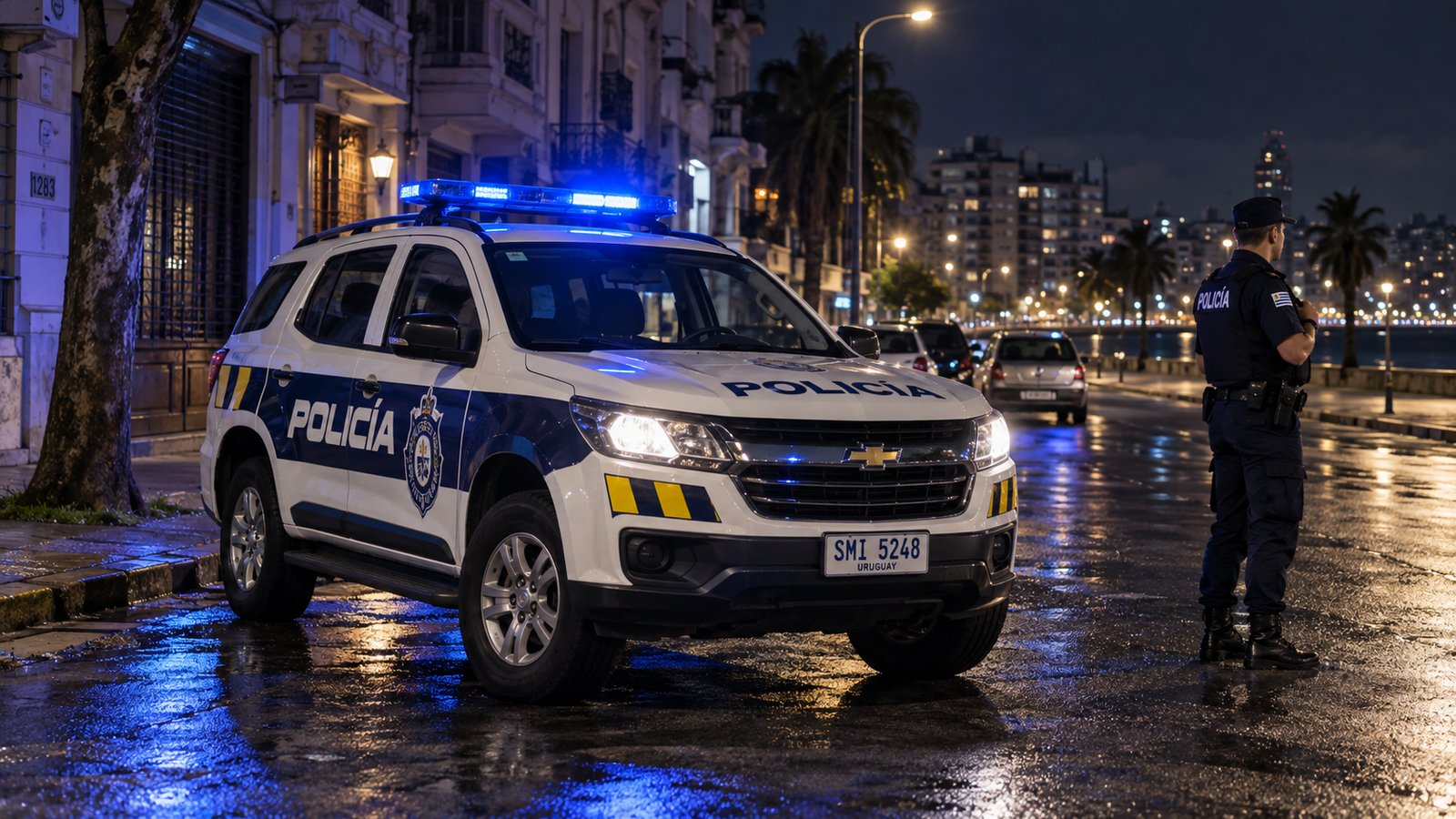 Vehículo policial con luces encendidas custodiando una calle de noche en Montevideo.