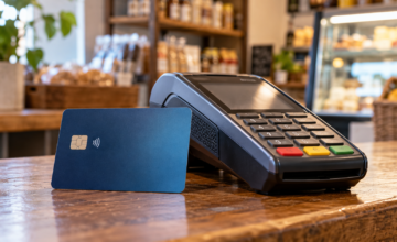 Tarjeta de débito bancaria apoyada sobre un mostrador junto a un dispositivo pos de cobro electrónico.