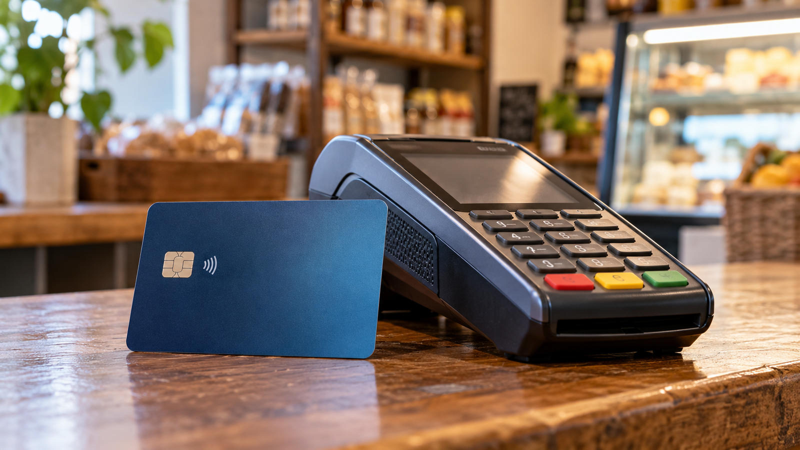 Tarjeta de débito bancaria apoyada sobre un mostrador junto a un dispositivo pos de cobro electrónico.
