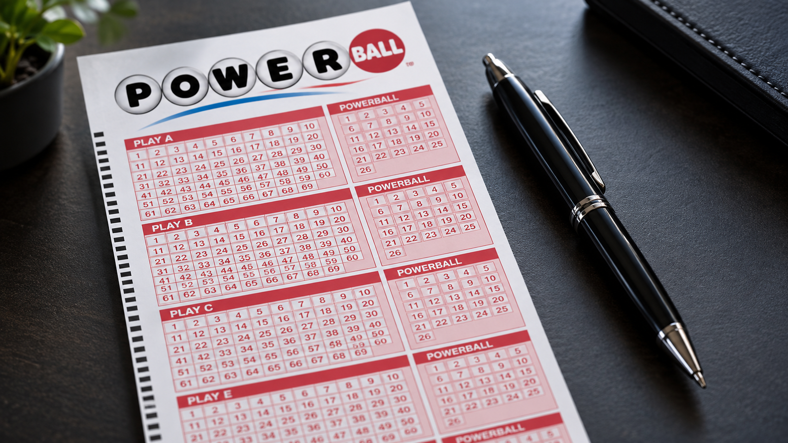 Boletos impresos de la lotería Powerball con una lapicera al lado.