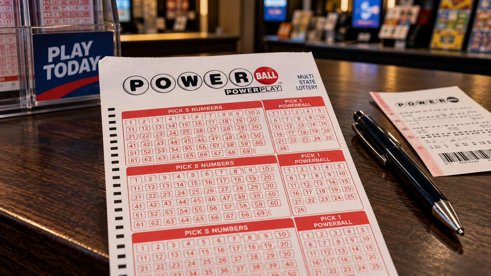 Cupón de juego de Powerball sobre un escritorio de apuestas.