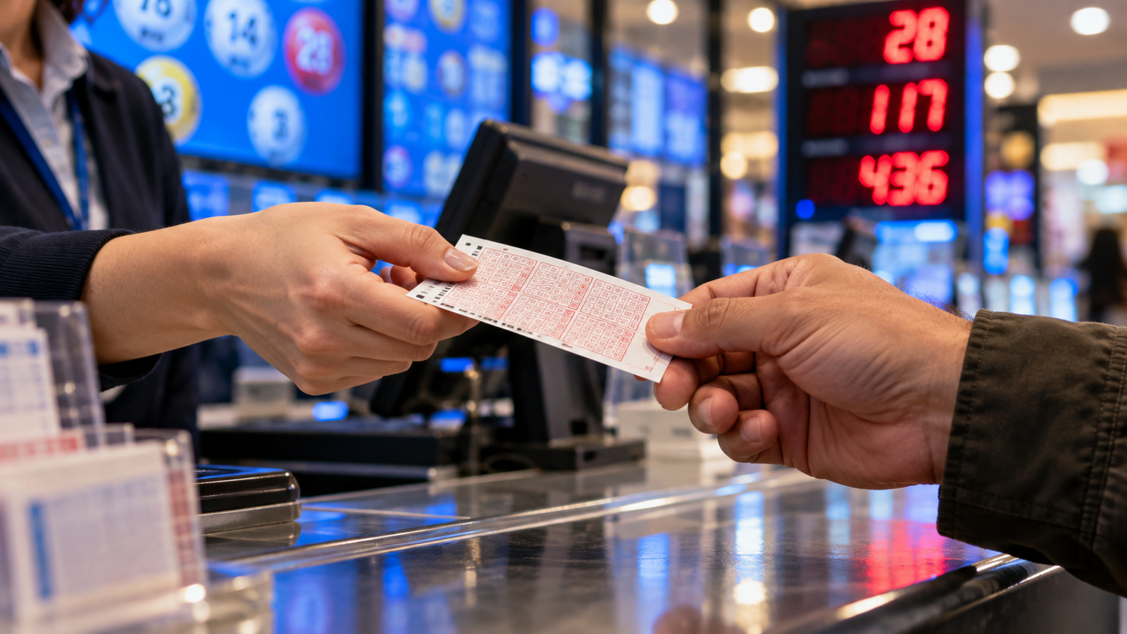 Primer plano hiperrealista de una persona entregando un boleto de lotería en una agencia oficial de apuestas. En el fondo, un panel electrónico con números de premios acumulados iluminados en rojo brillante, pantallas azules modernas mostrando jackpots millonarios. Ambiente de punto de venta de lotería, mostrador comercial profesional, profundidad de campo reducida con fondo desenfocado (bokeh).
La mano sostiene claramente un ticket de lotería mientras otra persona lo recibe sobre el mostrador. Iluminación interior natural, detalles nítidos en el boleto, pantalla digital luminosa, ambiente auténtico de apuestas y sorteos.Estilo fotoperiodístico, fotografía documental de alta calidad, enfoque profesional, colores vibrantes, reflejos realistas, composición editorial para noticia sobre loterías, premios millonarios y sorteos. Cámara DSLR, lente 85 mm, profundidad de campo cinematográfica, ultra realista, 4K, máxima nitidez, calidad de agencia de noticias, sin texto, sin marcas de agua.