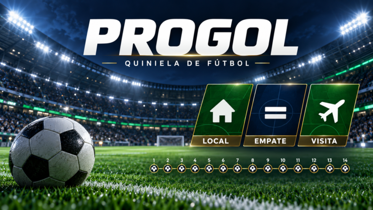 Volante oficial de la quiniela Progol de la Lotería Nacional sobre mesa de madera.