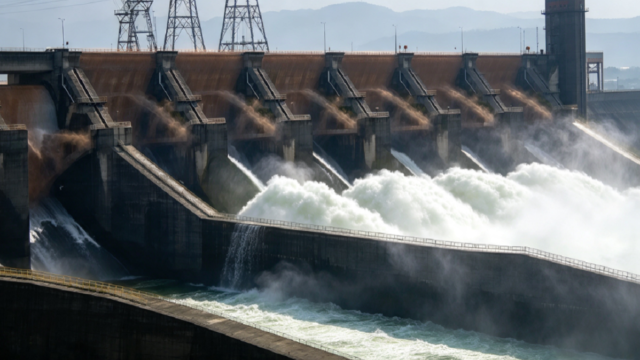 Compuertas abiertas de la represa de Yacyretá erogando un masivo caudal de agua por la crecida.