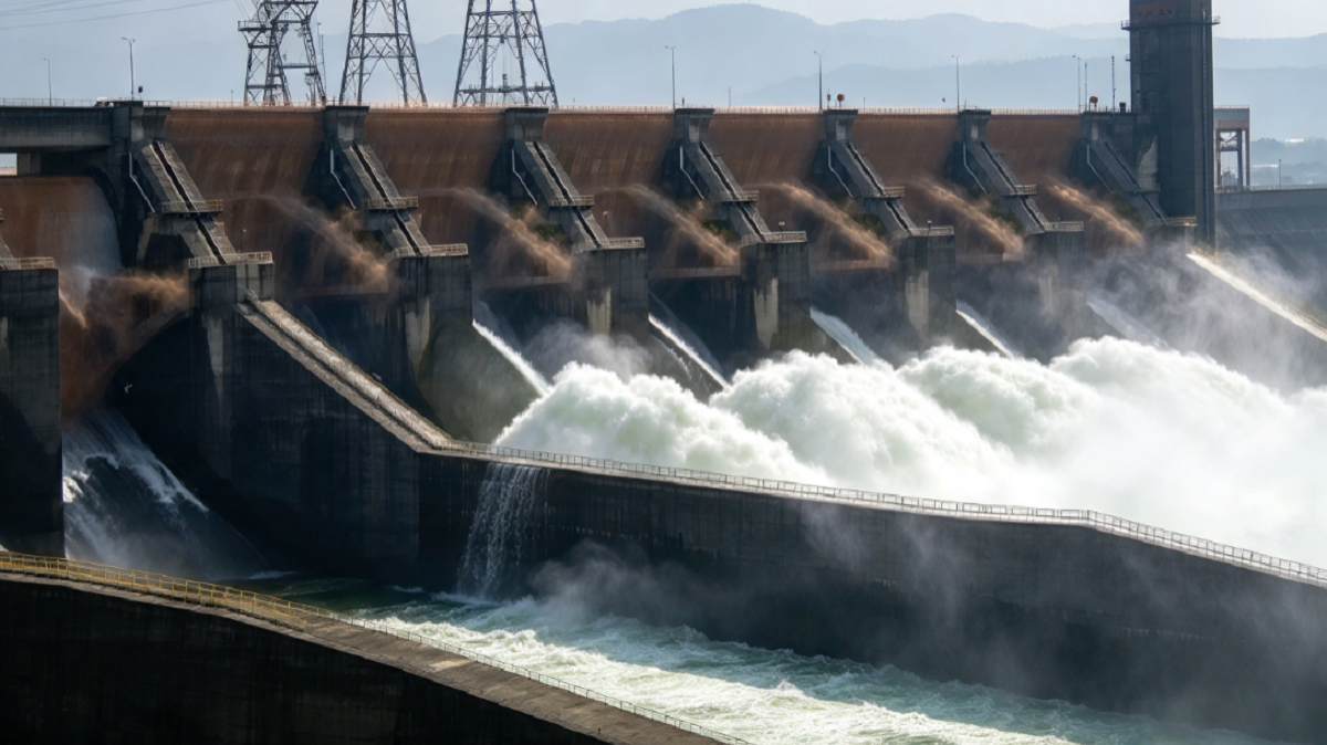 Compuertas abiertas de la represa de Yacyretá erogando un masivo caudal de agua por la crecida.
