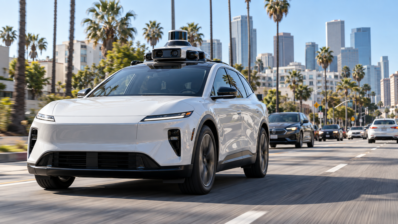 Robotaxi equipado con sensores en el techo circulando en California.