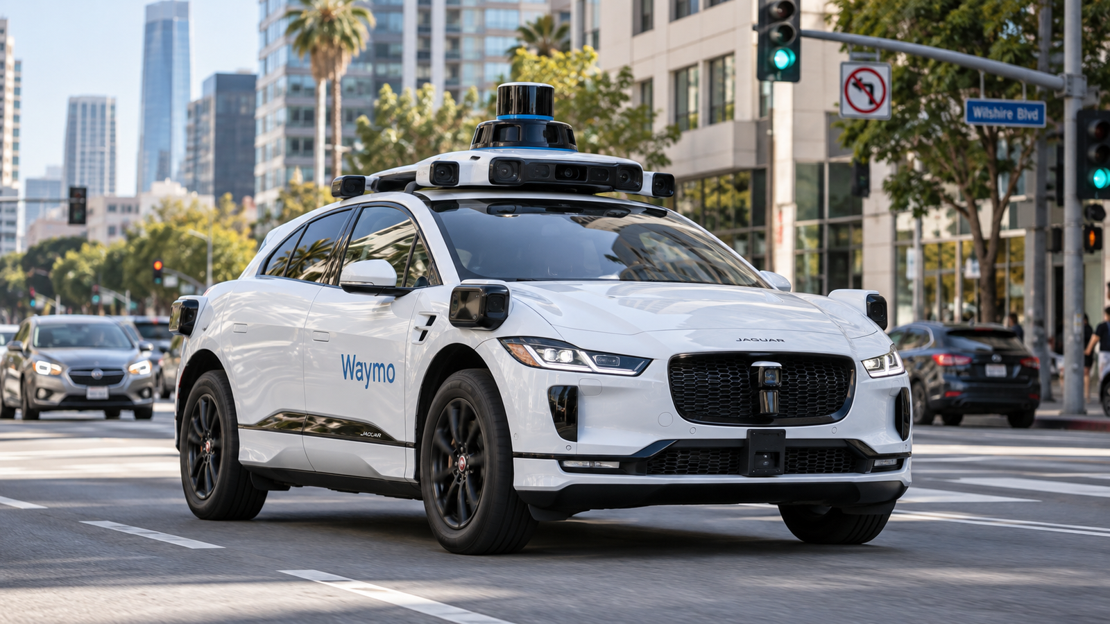 Auto sin conductor de Waymo en la calzada cerca de señales de tránsito.