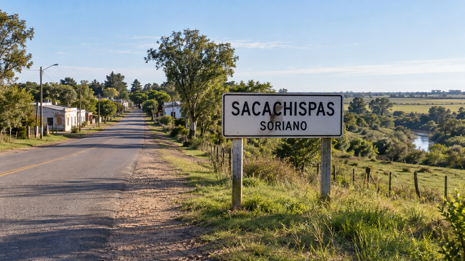 Cartel de entrada a la localidad de Sacachispas en el departamento de Soriano.