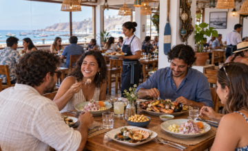 Salón de atención al público en un restaurante marino peruano.