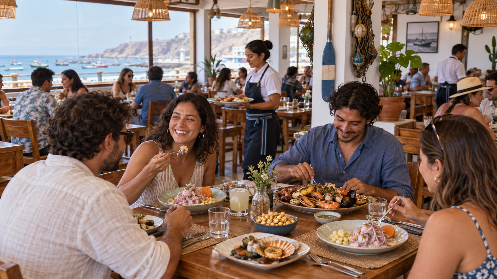 Salón de atención al público en un restaurante marino peruano.