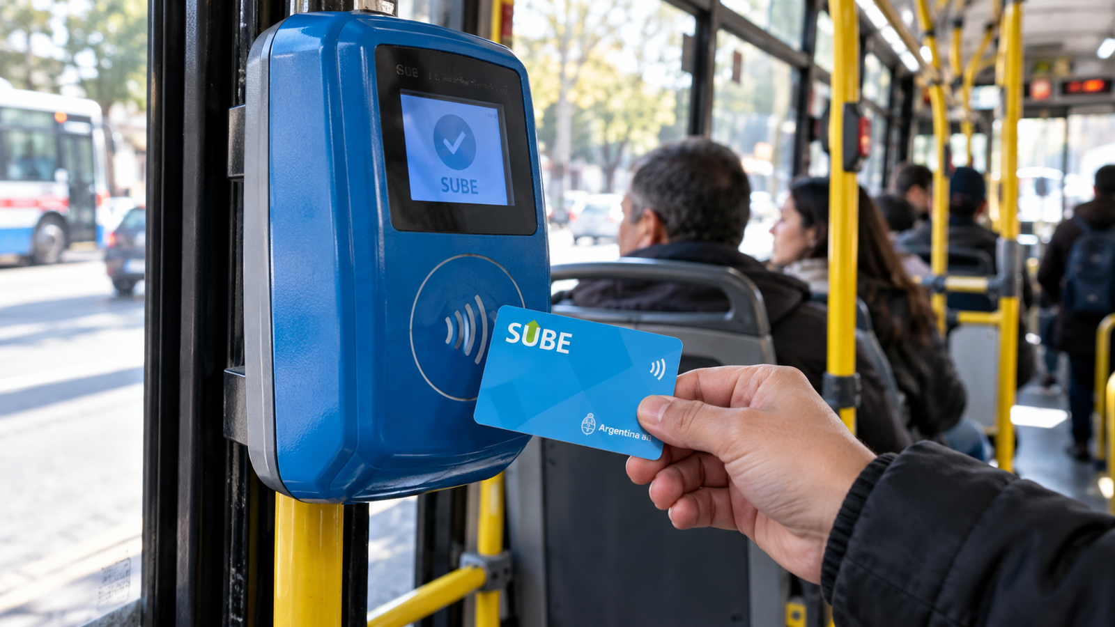 Lector de tarjeta SUBE en el interior de un colectivo de transporte público en Argentina.