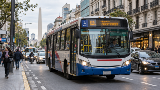Colectivo urbano transitando por una avenida del Gran Buenos Aires.
