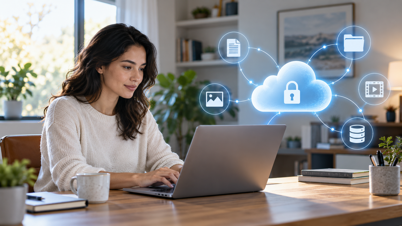 Persona trabajando con una computadora portátil conectada a servicios de almacenamiento en la nube.