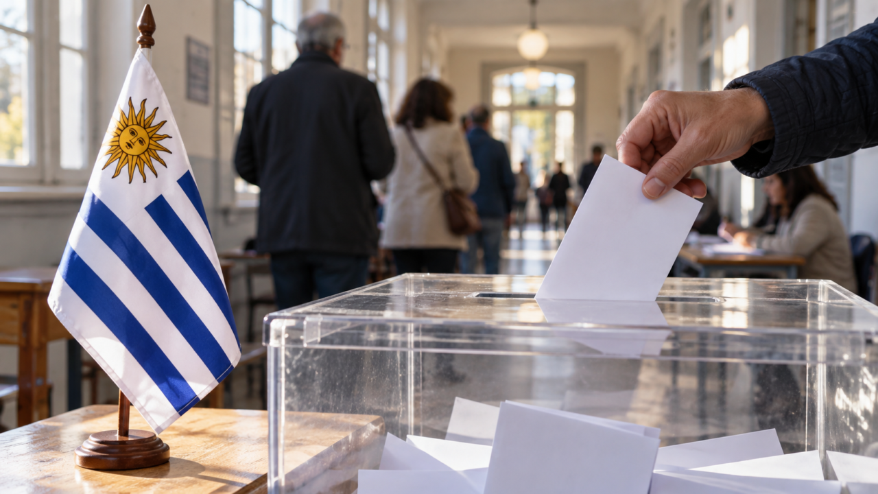 Urna de votación y banderas uruguayas durante una jornada electoral.