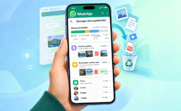 Pantalla de teléfono celular mostrando la aplicación de mensajería WhatsApp y opciones de memoria