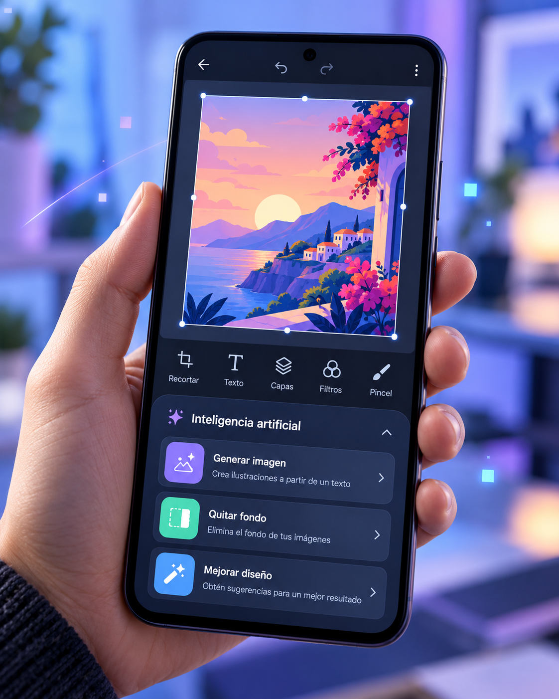 Pantalla de smartphone con opciones de edición gráfica e inteligencia artificial para dispositivos móviles