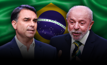 Lula da Silva y Flávio Bolsonaro en atriles durante la transmisión en vivo.