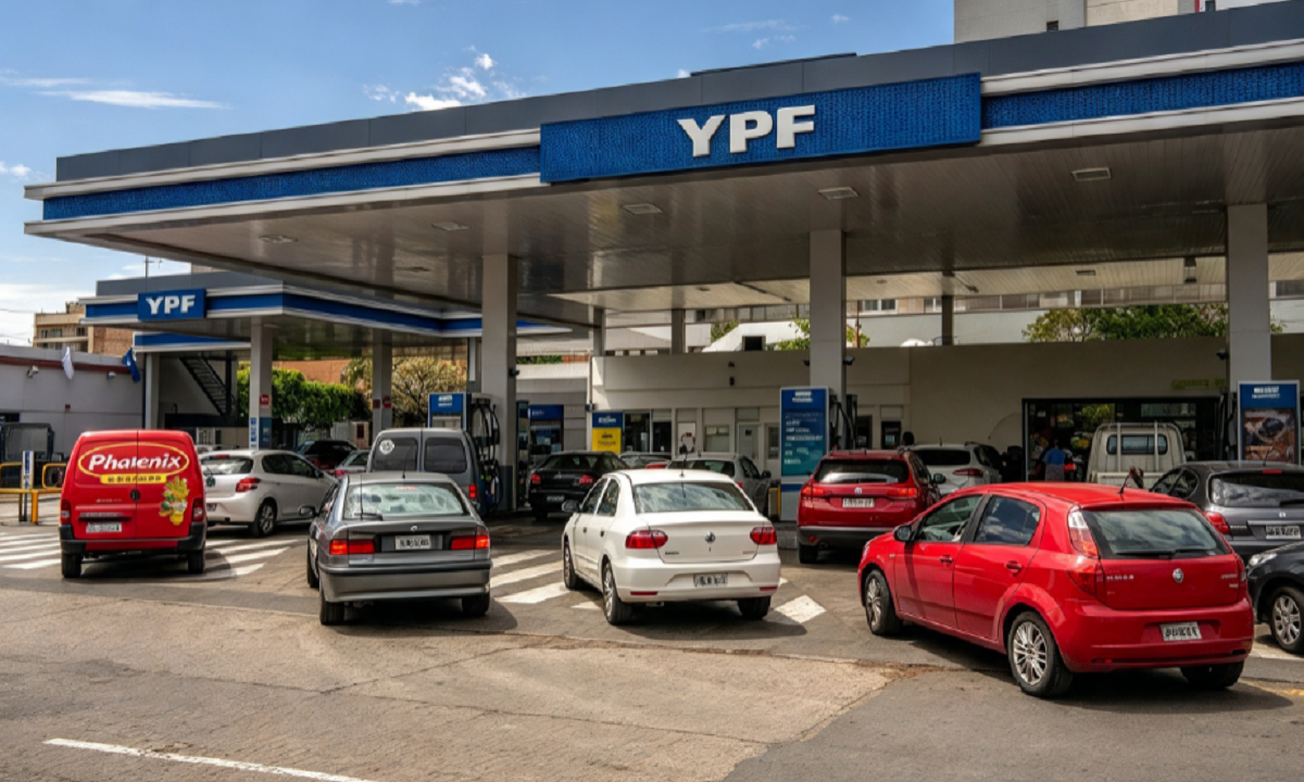 Estación de servicio en Argentina con vehículos cargando combustible en los surtidores.