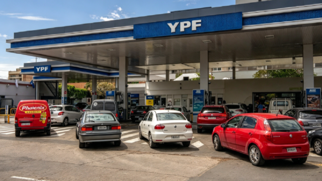 Estación de servicio en Argentina con vehículos cargando combustible en los surtidores.
