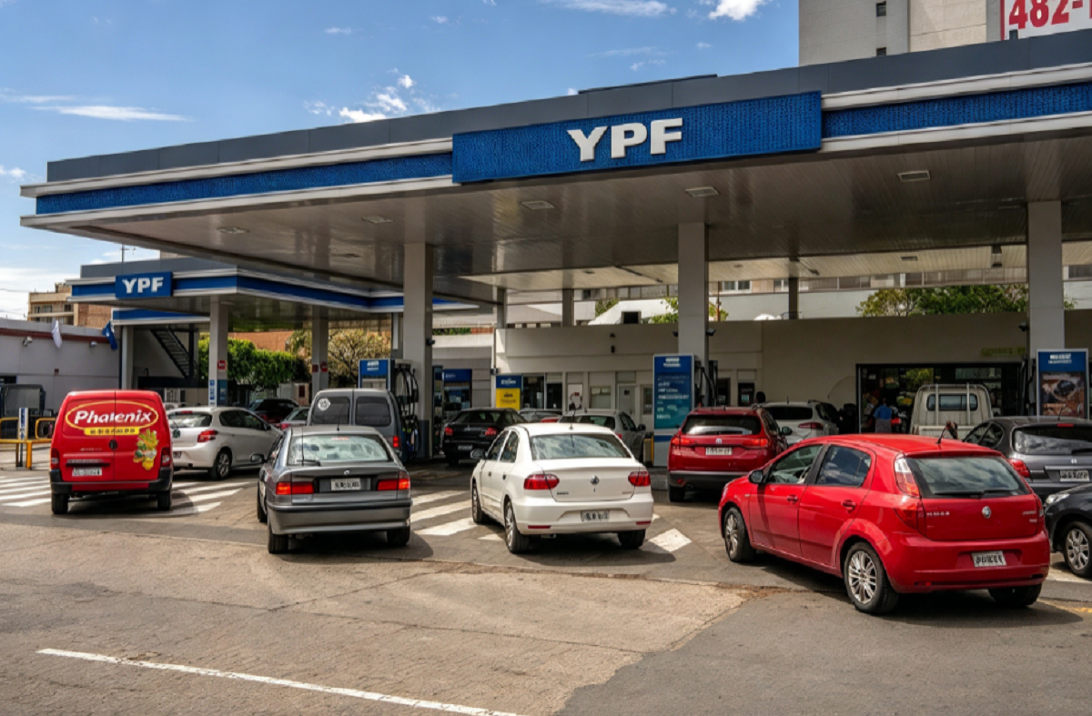 Estación de servicio en Argentina con vehículos cargando combustible en los surtidores.