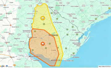 Mapa de Uruguay con las zonas bajo alerta naranja y amarilla emitidas por Inumet.