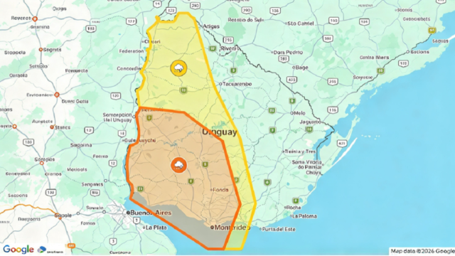 Mapa de Uruguay con las zonas bajo alerta naranja y amarilla emitidas por Inumet.