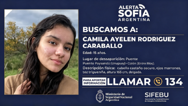 Afiche oficial con la fotografía e información filiatoria de Camila Ayelén Rodríguez Carballo.
