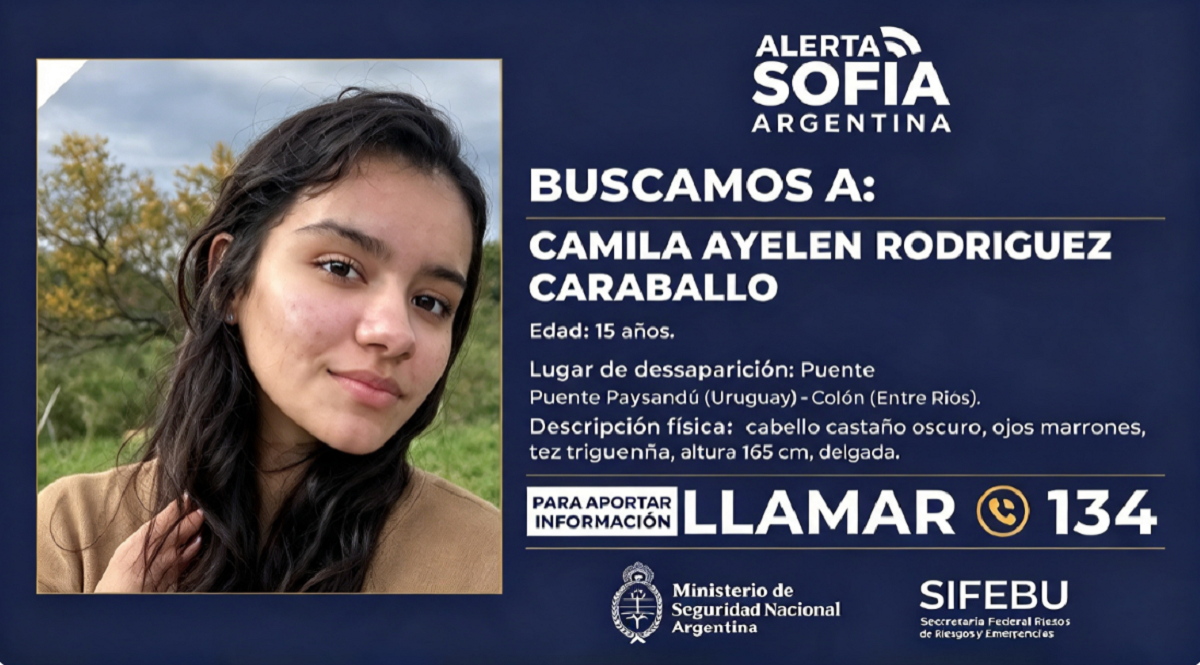 Afiche oficial con la fotografía e información filiatoria de Camila Ayelén Rodríguez Carballo.