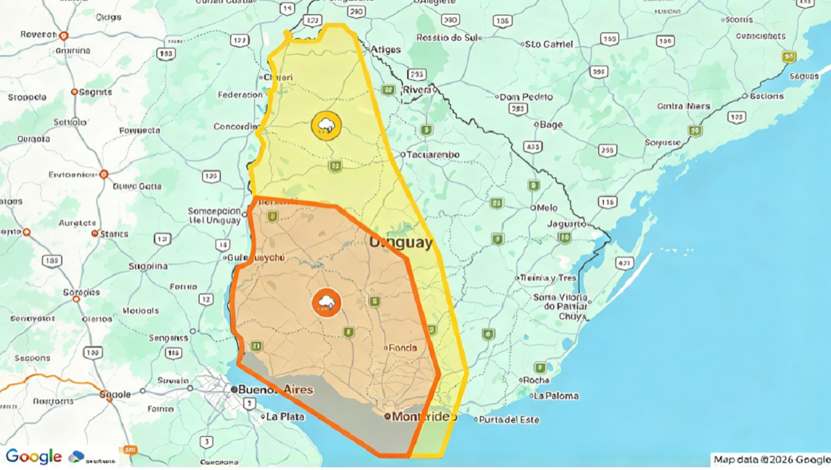Mapa de Uruguay con las zonas bajo alerta naranja y amarilla emitidas por Inumet.