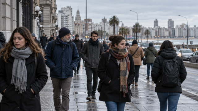 Transeúntes caminando con abrigo bajo un cielo nublado en una jornada fresca.