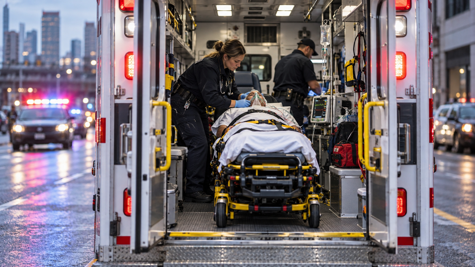 Unidad de ambulancia de emergencia trasladando a un paciente con atención médica.