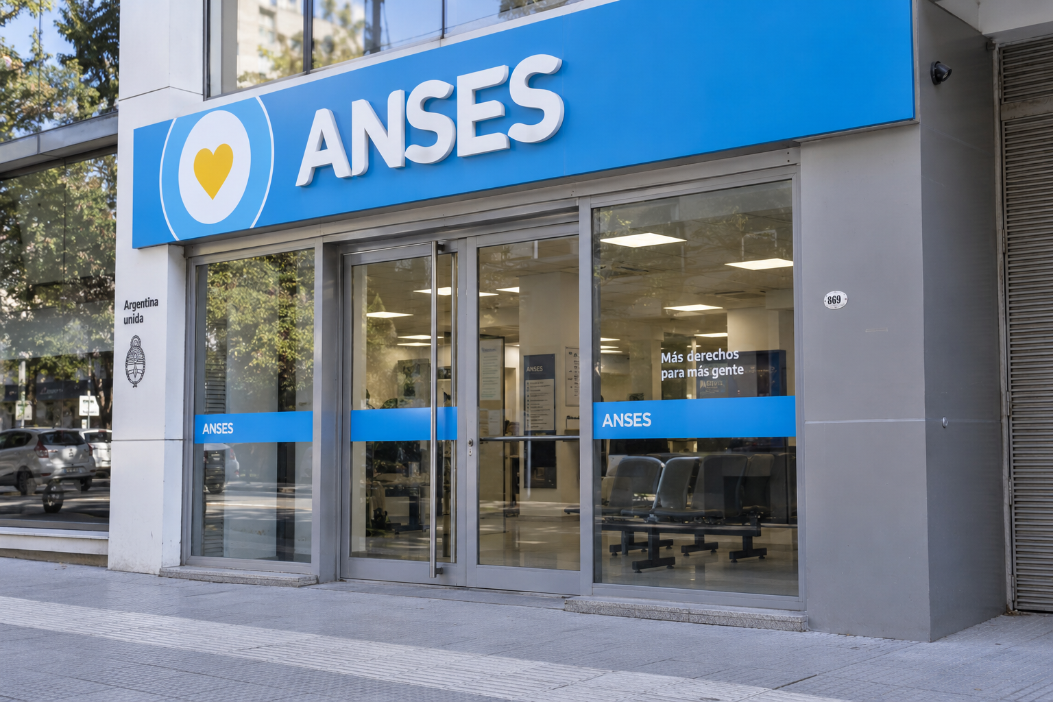 Fachada de una oficina de atención al público del organismo de la seguridad social ANSES.
