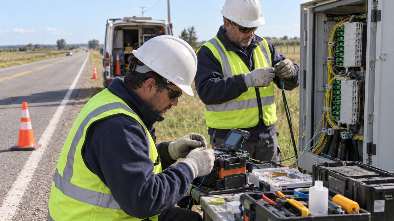 Operarios de Antel trabajando en el empalme de cables de fibra óptica en una ruta.