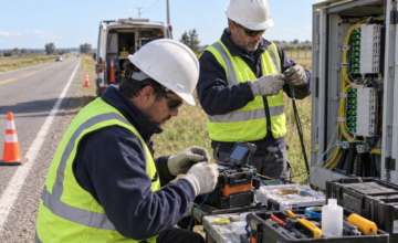 Operarios de Antel trabajando en el empalme de cables de fibra óptica en una ruta.