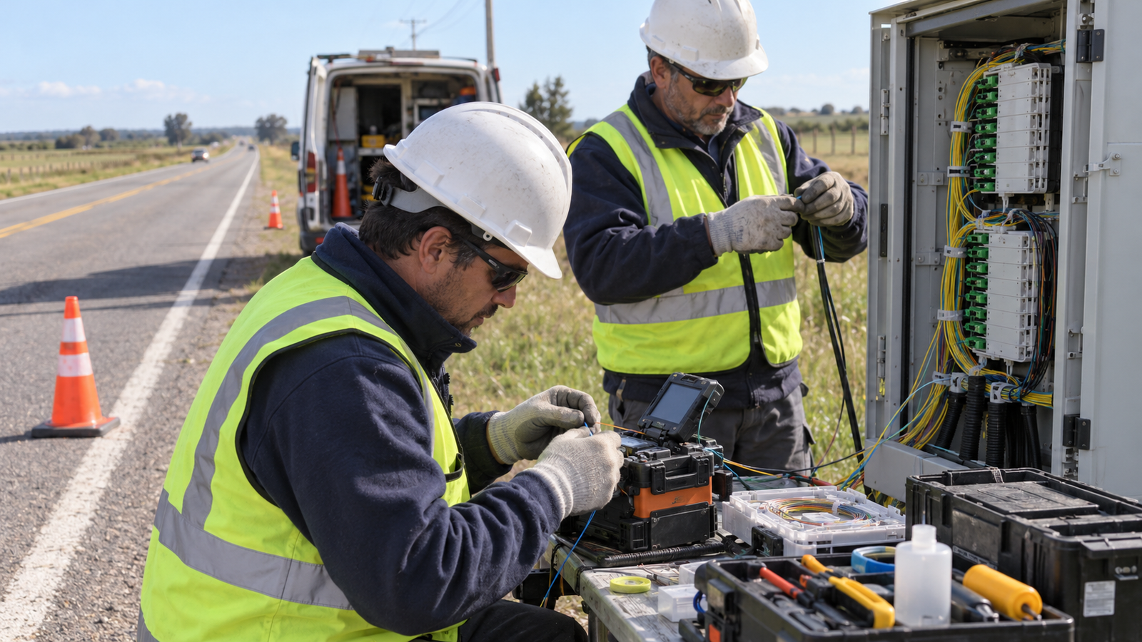 Operarios de Antel trabajando en el empalme de cables de fibra óptica en una ruta.