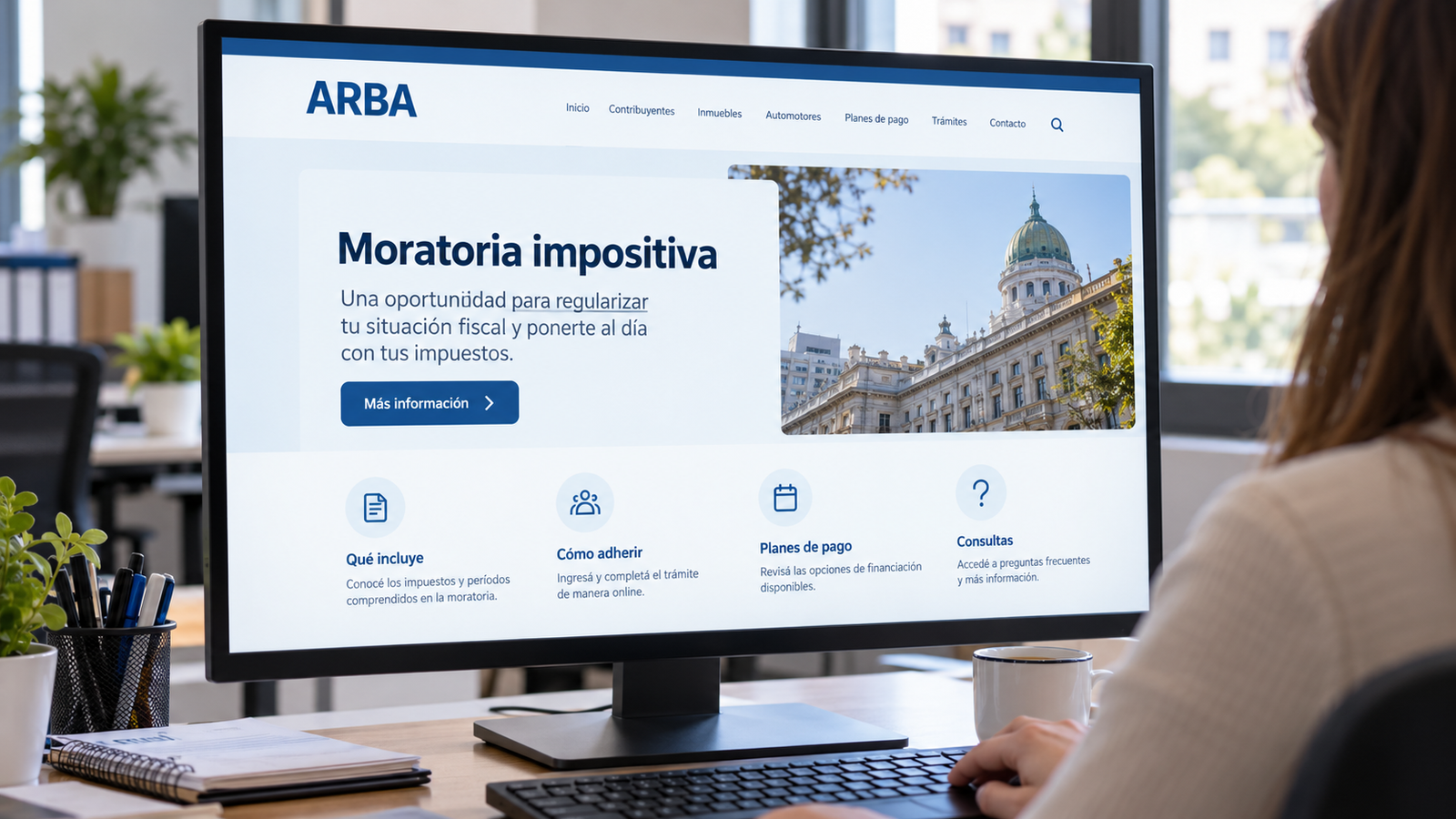 Pantalla de computadora mostrando el sitio web oficial de ARBA para la moratoria impositiva.