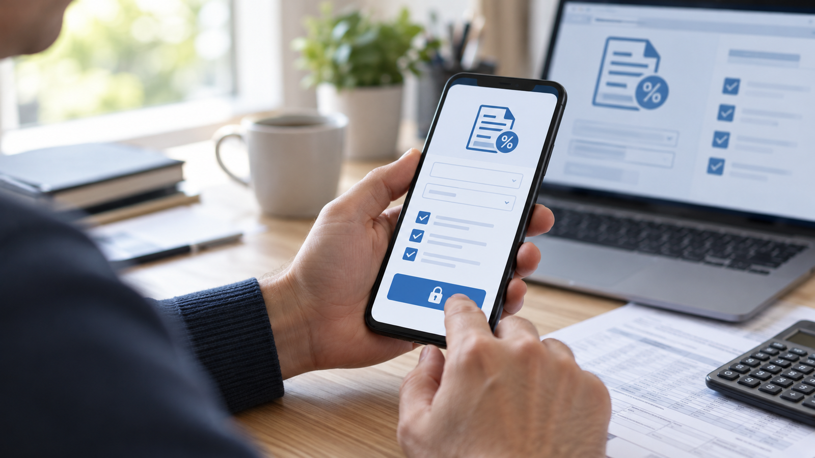 Persona utilizando un teléfono inteligente para realizar un trámite impositivo digital.