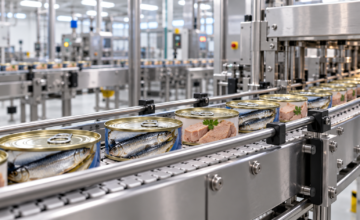 Latas de conserva de pescado en la línea de montaje de una fábrica.