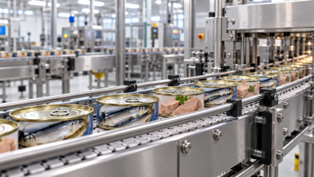 Latas de conserva de pescado en la línea de montaje de una fábrica.