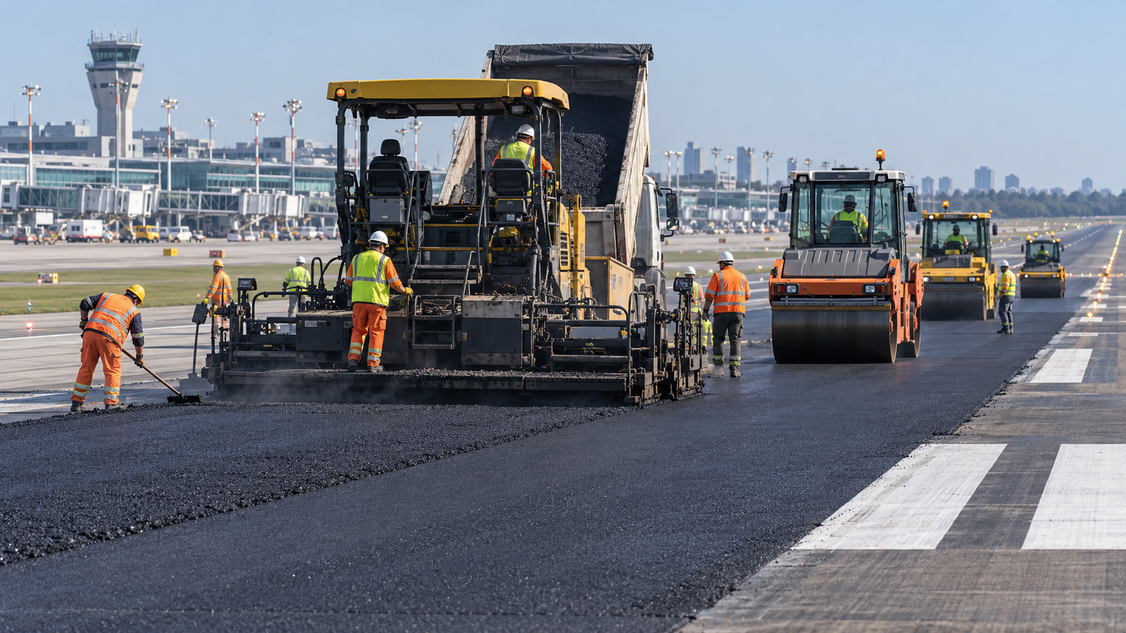 Maquinaria pesada realizando obras de repavimentación en la pista del aeropuerto de Ezeiza.