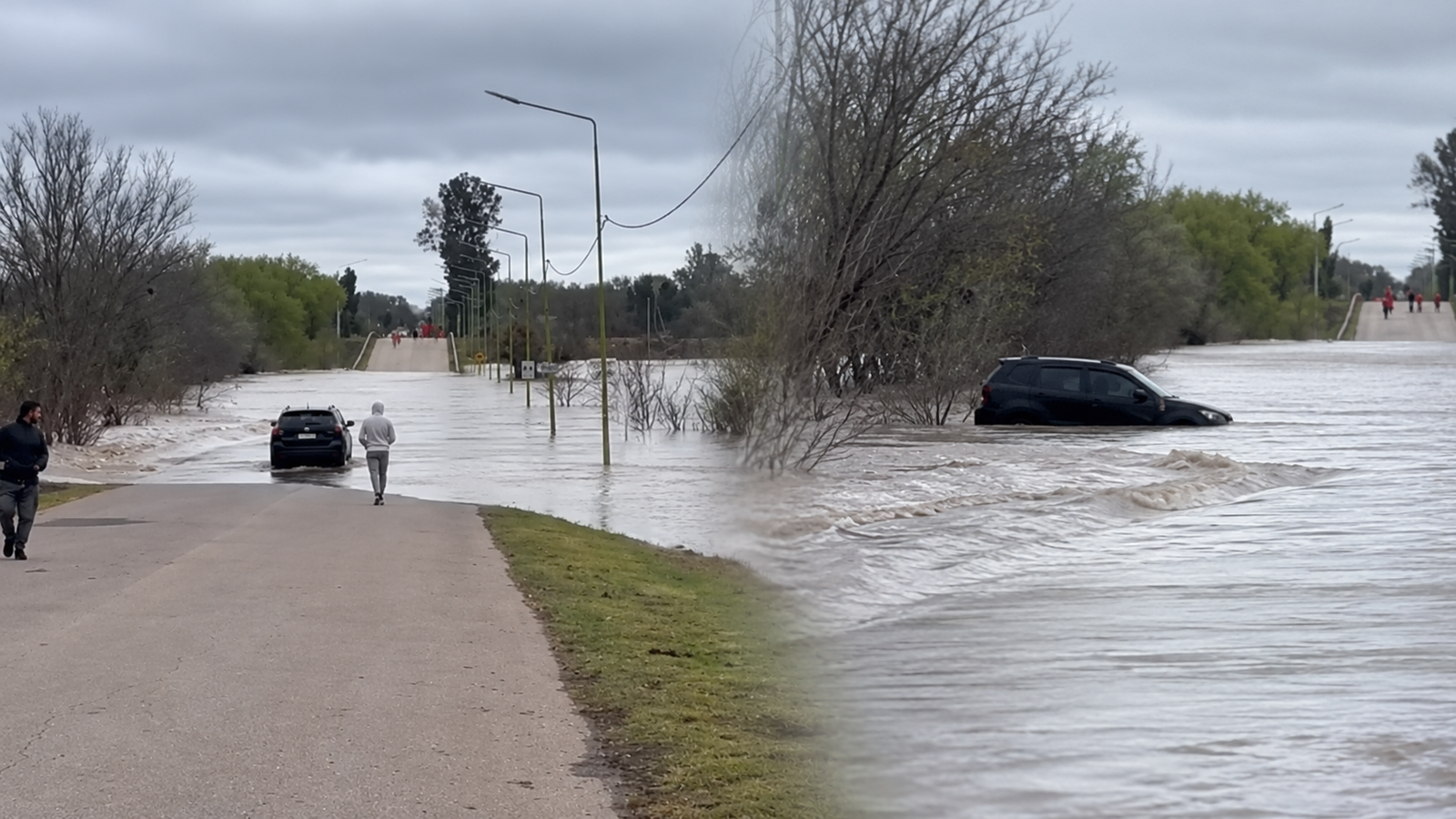 Automóvil atrapado y casi cubierto por el agua tras intentar cruzar una ruta desbordada en la frontera norte.